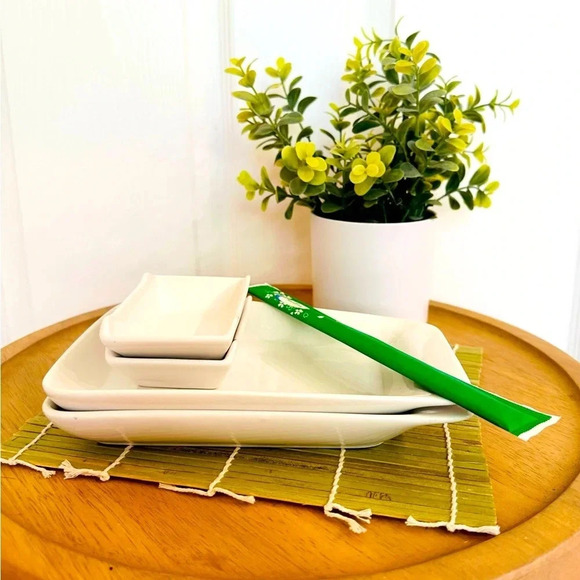 SUSHI SERVING SET ~ 2-piece classic clean white sushi platters and wasabi dish - Picture 4 of 7